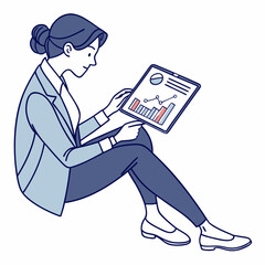 Businesswoman reviewing financial data on tablet sitting floor