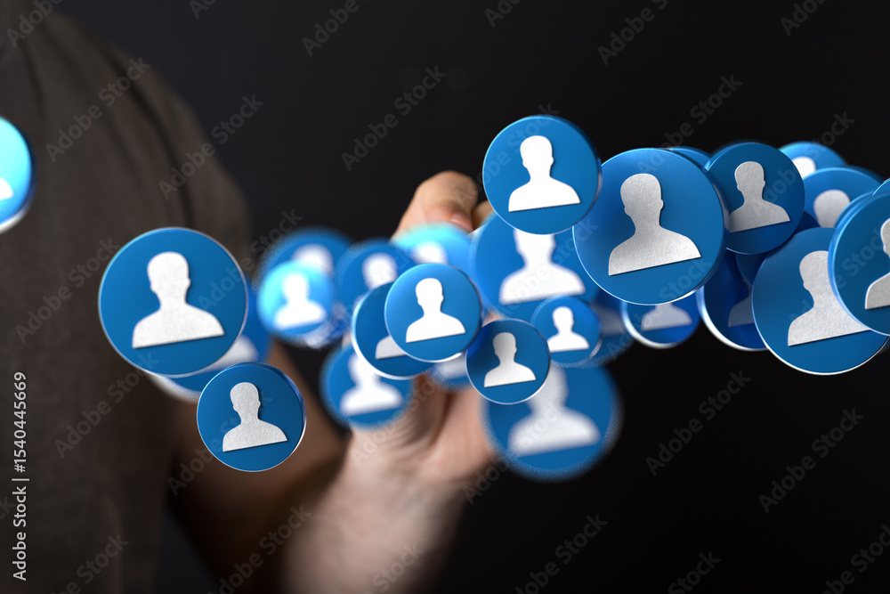 Poster Abstract image of a hand interacting with a network of digital profile icons. Ideal for social media, networking, and connection concepts.