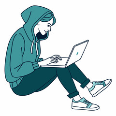 Woman in teal hoodie using laptop computer sitting cross legged