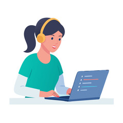 Young woman with headphones working on laptop computer with transparent background