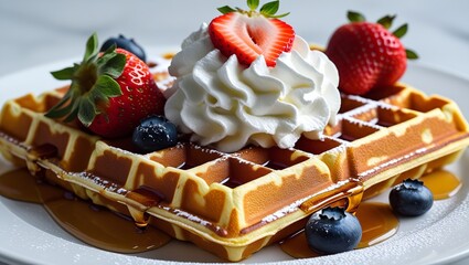 Golden Waffles Topped with Whipped Cream Strawberries Blueberries and Syrup