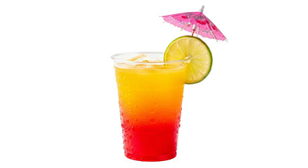 Refreshing tequila sunrise cocktail drink with lime and umbrella perfect for summer vacations party time on transparent background