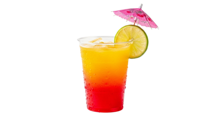 Refreshing tequila sunrise cocktail drink with lime and umbrella perfect for summer vacations party time on transparent background