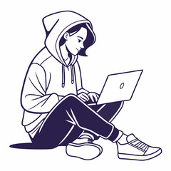 Young woman in hoodie using laptop computer working remotely from home