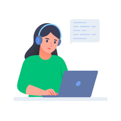 Woman with headphones working on laptop computer with transparent background