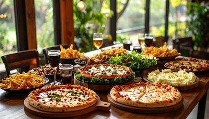 Abundant Pizza Feast with Restaurant Table.