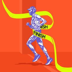 Stylized Vector Runner Poster. Runner crossing finish line with blue yellow in vector art illustration