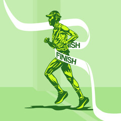 Stylized Vector Runner Poster. Runner crossing finish line with white ribbon in vector art illustration
