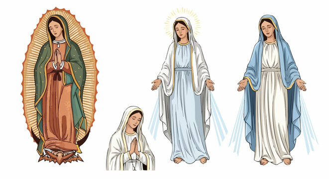 Set of vector illustrations of Virgin Mary in different apparitions: Our Lady of Guadalupe, Fatima, Lourdes, in serene and sacred poses
