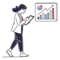 Professional businesswoman analyzing growth charts on tablet with transparent background