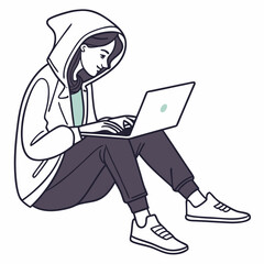 Young woman in hoodie using laptop computer sitting floor