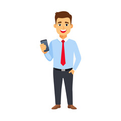 Professional businessman holding smartphone transparent cutout