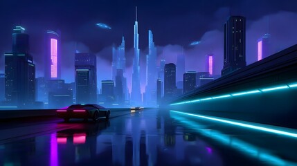 Obraz premium Vibrant, neon-lit cityscape with towering skyscrapers, futuristic flying cars, and colorful reflections illuminating the streets of a high-tech metropolis