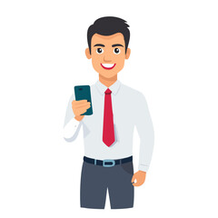 Professional businessman holding smartphone transparent cutout