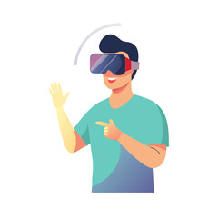 Man wearing vr headset gesturing in virtual reality on white background