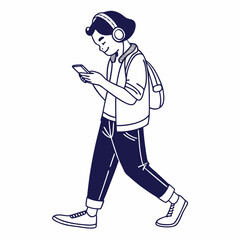 Young person walking listening music smartphone