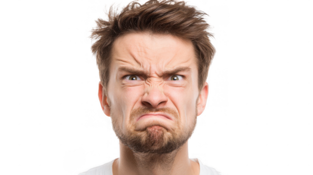 Close up portrait of disgusted man showing negative facial expression with transparent background, ideal for conveying strong emotions of dislike or aversion