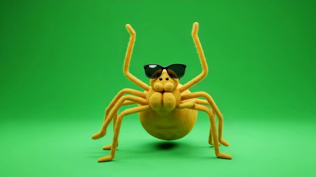 Cool Spider Wearing Sunglasses on Green Screen - A fun, cartoonish yellow spider with black sunglasses is shown against a bright green background.