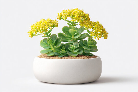 A photorealistic small sedum in a white pot with green clustered leaves