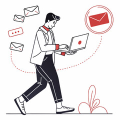 Man walking using laptop checking emails online communication