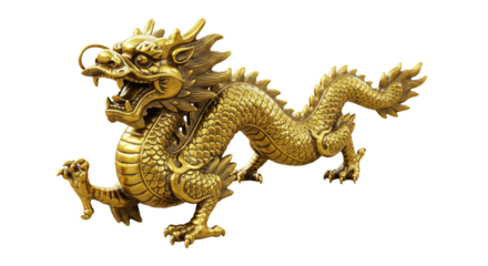 Golden chinese dragon statue feng shui oriental art mythical creature sculpture asian culture lucky symbol decor on transparent background