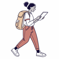 Young woman walking using tablet backpack student travel