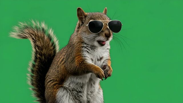 Cool Squirrel in Sunglasses on Green Screen - A fluffy brown squirrel wearing aviator sunglasses stands on a bright green screen background.