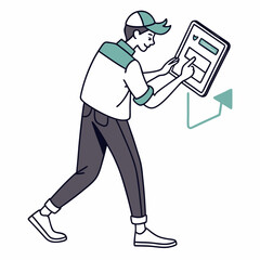 Young man using tablet digital device app interface upload