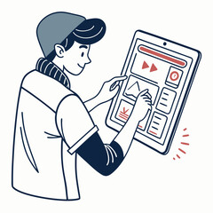 Young man using tablet clean cutout illustration transparent background