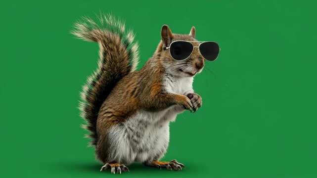 Cool Squirrel in Sunglasses on Green Screen - A playful squirrel wearing aviator sunglasses stands on a bright green background.