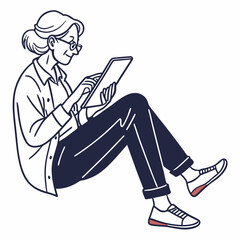 Senior woman sitting floor using tablet digital device technology