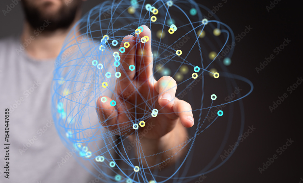 Poster A hand interacts with a digital sphere representing global connections and data flow.  Ideal for technology, network, and global concepts.