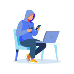 Person in hoodie using laptop and phones on a white background