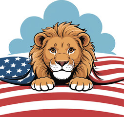 Vector illustration of  lion peeking from a American flag on white background clip art