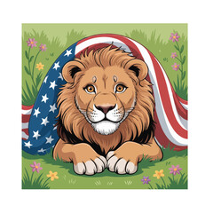  Vector illustration of  lion peeking from a American flag in a forest 