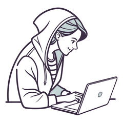 Young woman hooded sweatshirt using laptop computer technology
