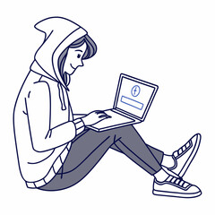 Woman in hoodie using laptop computer working from home
