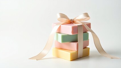 Stack of Colorful Pastel Gift Boxes with Satin Ribbon and Rose on White Background