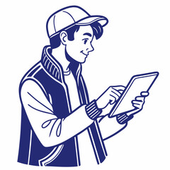 Young man using tablet, clean cutout, professional design element