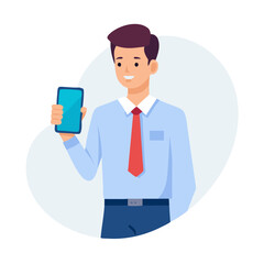 Smiling businessman showing smartphone screen on white background