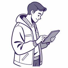 Young man using tablet device clean cutout illustration on white background
