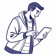 Young man using tablet, clean cutout, transparent background