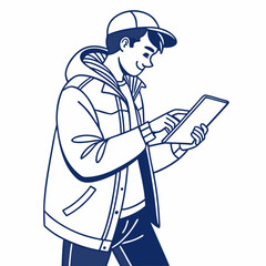 Young man using tablet, clean cutout, transparent background, professional design element