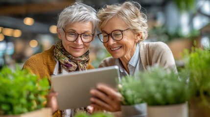 Two seniors engaged with a tablet in a cozy indoor setting exploring technology amidst lush greenery joyful connection