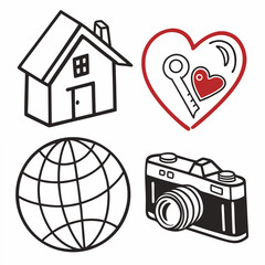 House key heart globe camera icons transparent background