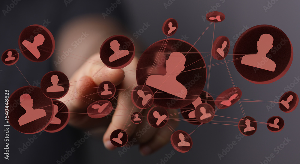 Poster Hand interacting with a network of connected people, symbolizing global communication and business networking.