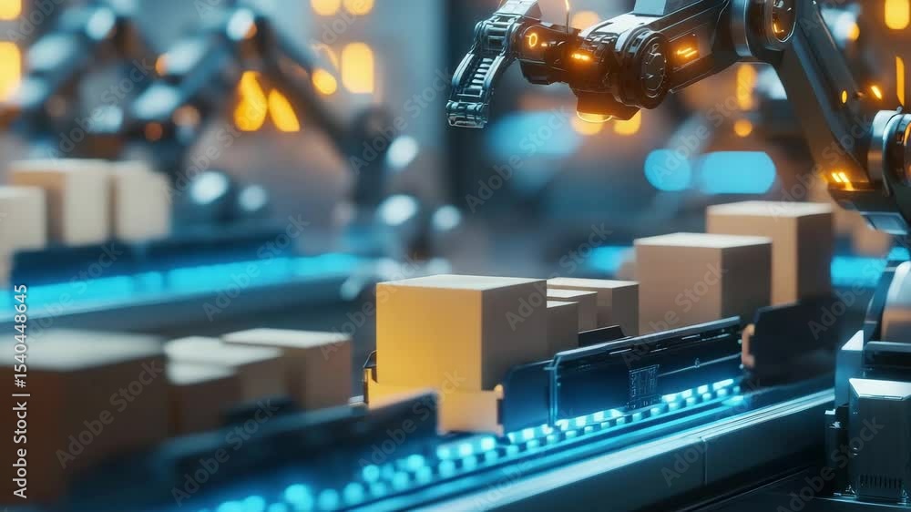 Poster automated robotic arm placing and handling cardboard box conveyor belt futuristic warehouse with glo