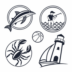 Summer vacation seaside icons set  beach fun ocean life
