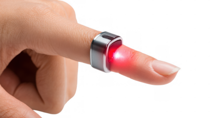 Close up of a finger wearing a pulse oximeter ring, emitting a red light, showcasing health monitoring technology against a transparent background