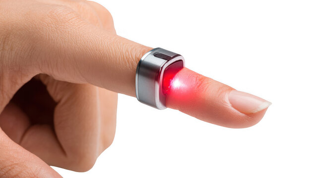 Close up of a finger wearing a pulse oximeter ring, emitting a red light, showcasing health monitoring technology against a transparent background